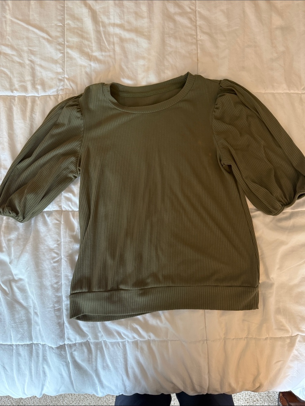Women's Olive Puff-Sleeve Ribbed Top